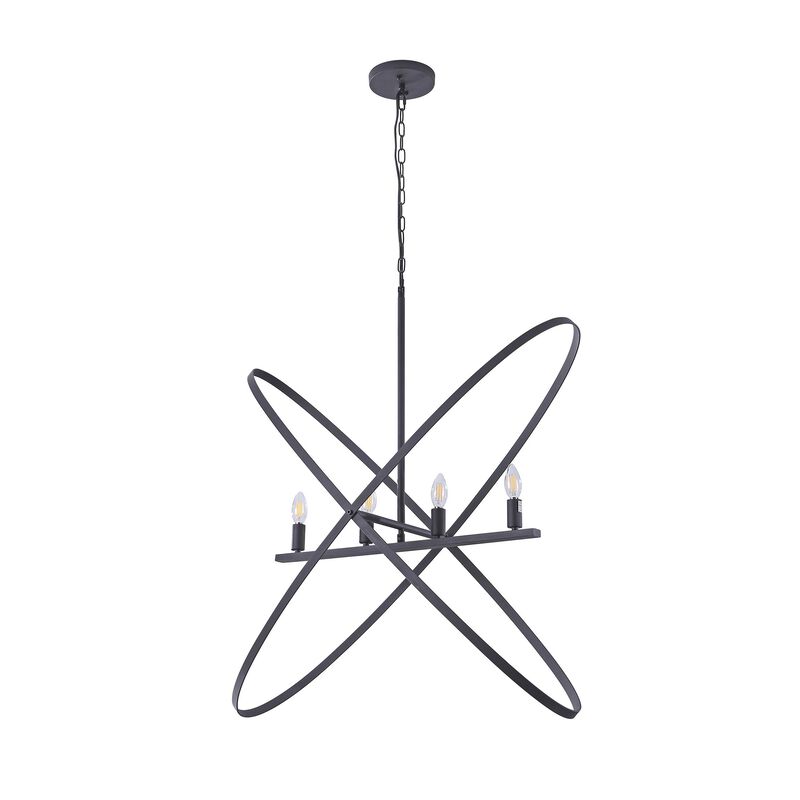 Modern Chandelier, 4 LED Light, Black Cross Band, Brass Metal 38 Inch - Benzara