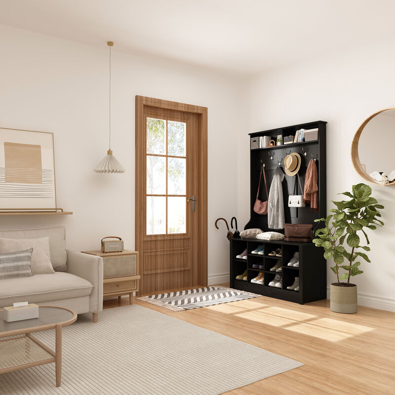 68.5 in. Black Wood 3-in-1 Hall Tree Coat Rack Storage Bench with 7-Metal Double Hooks and Shelves