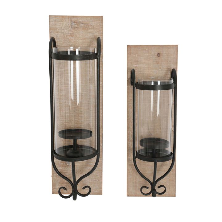 21 Inch Industrial Wall Mount Wood Candle Holder With Glass Hurrican, Set of 2, Black - Benzara