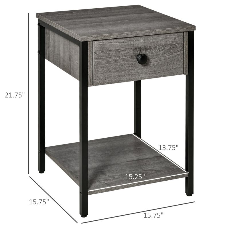 Grey Industrial Table: End Table with Drawer and Storage Shelf