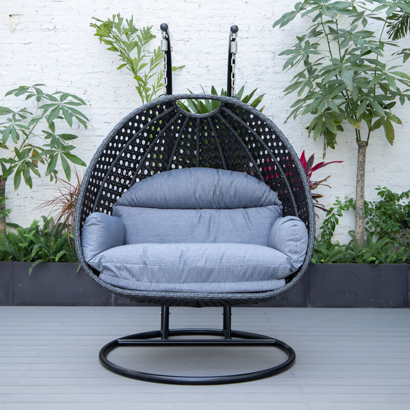 LeisureMod Mendoza Charcoal Modern Wicker Hanging 2 person Egg Swing Chair Removable Cushion image number 2