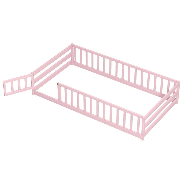 Twin Size Wood Montessori Floor Bed for Kids with Safety Fence and Door