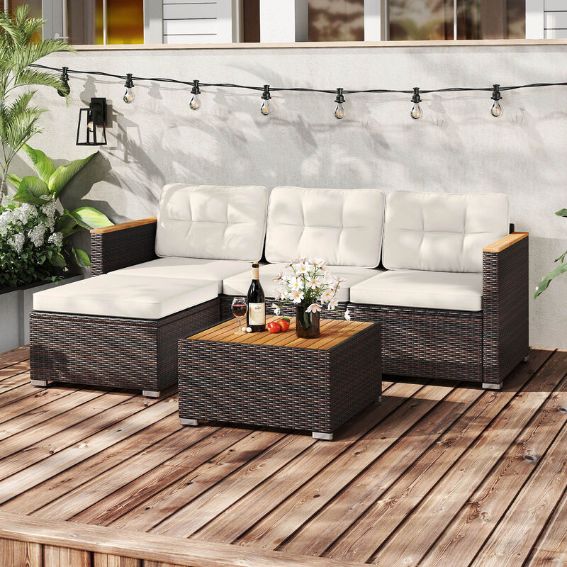 5-Piece Wicker Patio Conversation Set with Comfortable Cushions and Coffee Table-White image number 1