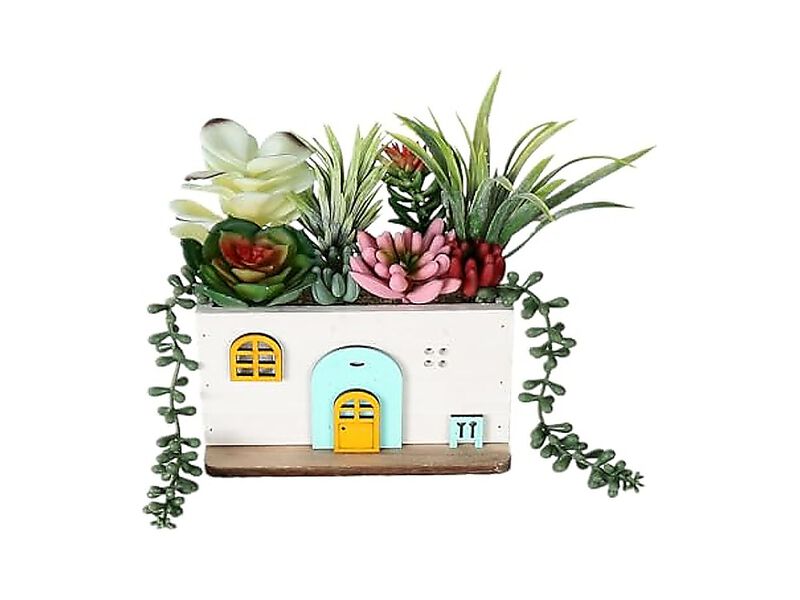 7.9 Inch Artificial Succulent Plants Wood House Shape Potted Gardening Gifts Fake image number 0