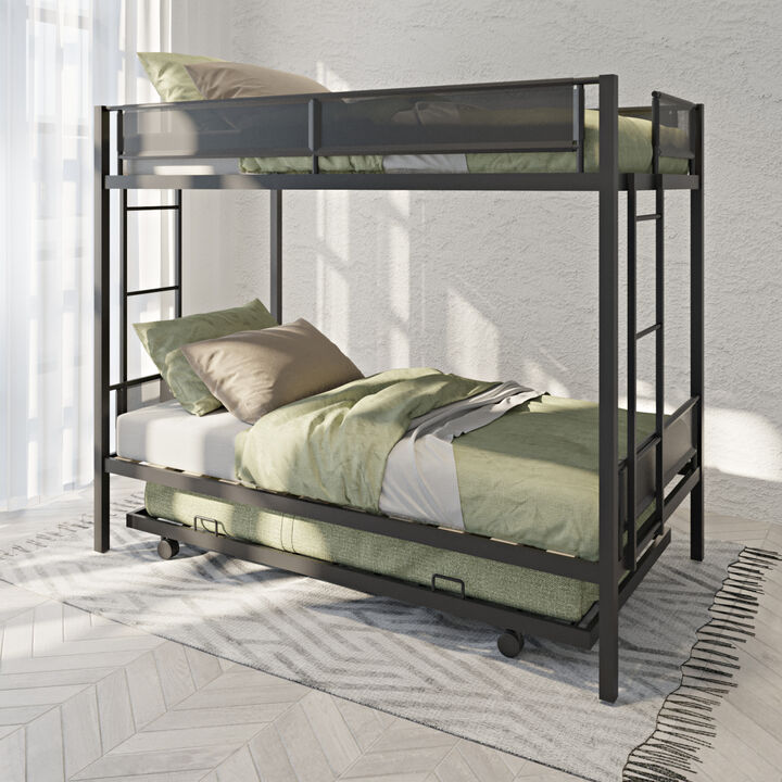 Twin over twin bunk bed with trundle (Wood Slat and Textilene Guardrail)
