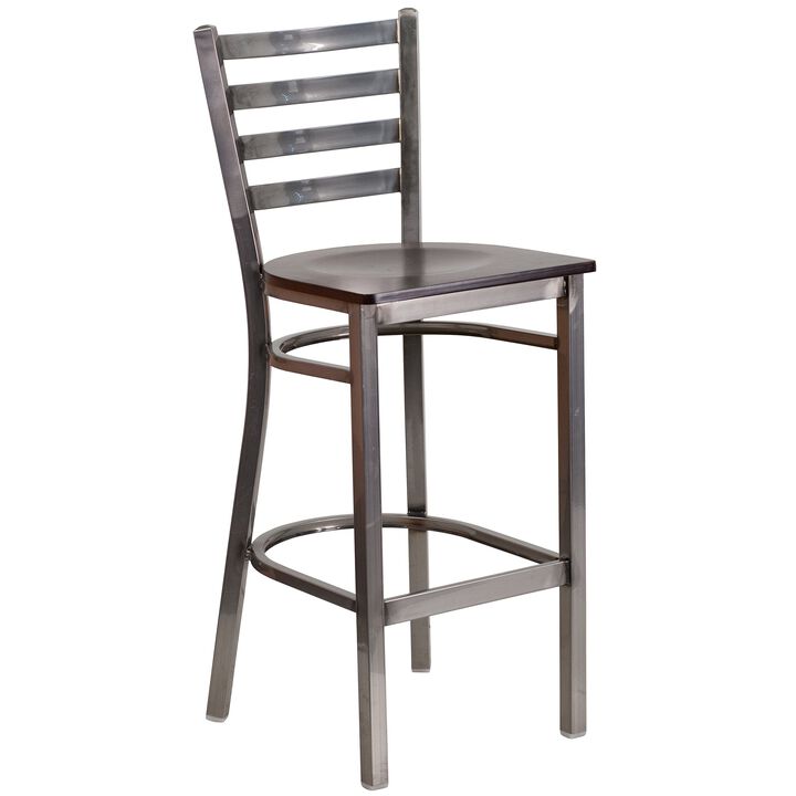 Flash Furniture HERCULES Series Clear Coated Ladder Back Metal Restaurant Barstool - Walnut Wood Seat