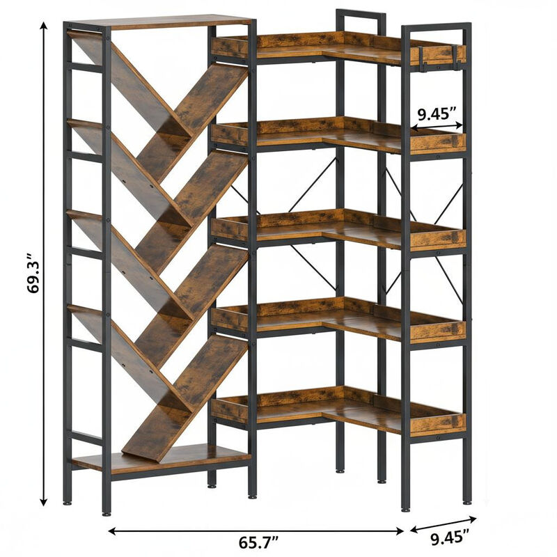 HomeRoots 69" Brown And Black Wood And Metal Ten Tier Corner Bookcase image number 2