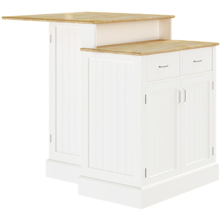 Kitchen Island with Storage Cabinet and 2Level Rubber Wood Tabletop, Island Table with Adjustable Shelves and Drawers, White