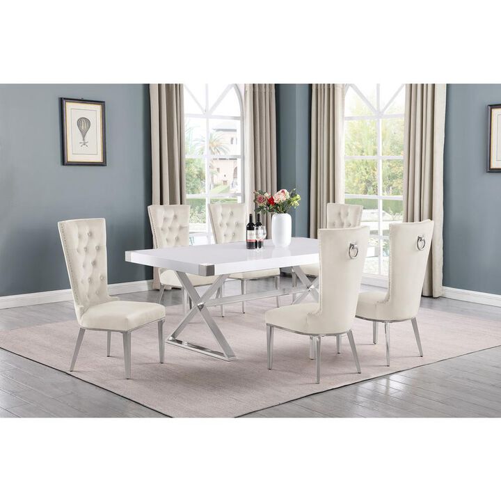 Best Quality Furniture 7pc Small(78) white wood top dining set with silver base and 6 chairs