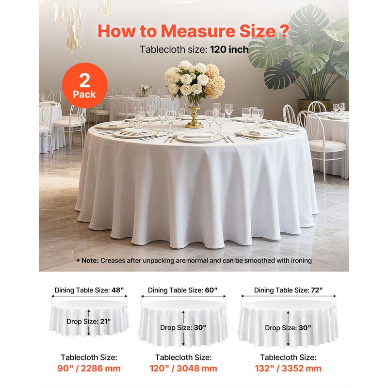 Machine Washable Round Tablecloths, 2 Pack Polyester Covers for Party, Banquet, and Dining Tables-White image number 2