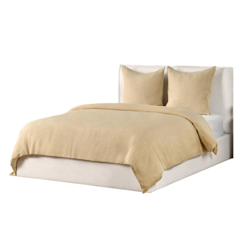 Paula 3 Piece Queen Size Duvet Set, Soft Ochre Amber Stone Washed Hemp - Benzara