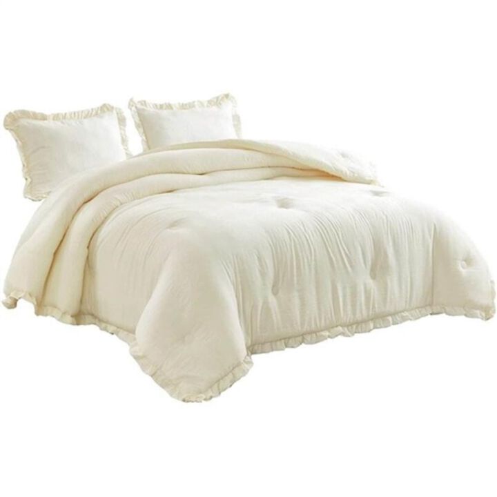 Hivvago Oversized King Ivory Microfiber 3-Piece Comforter Set with Ruffled Edge Trim