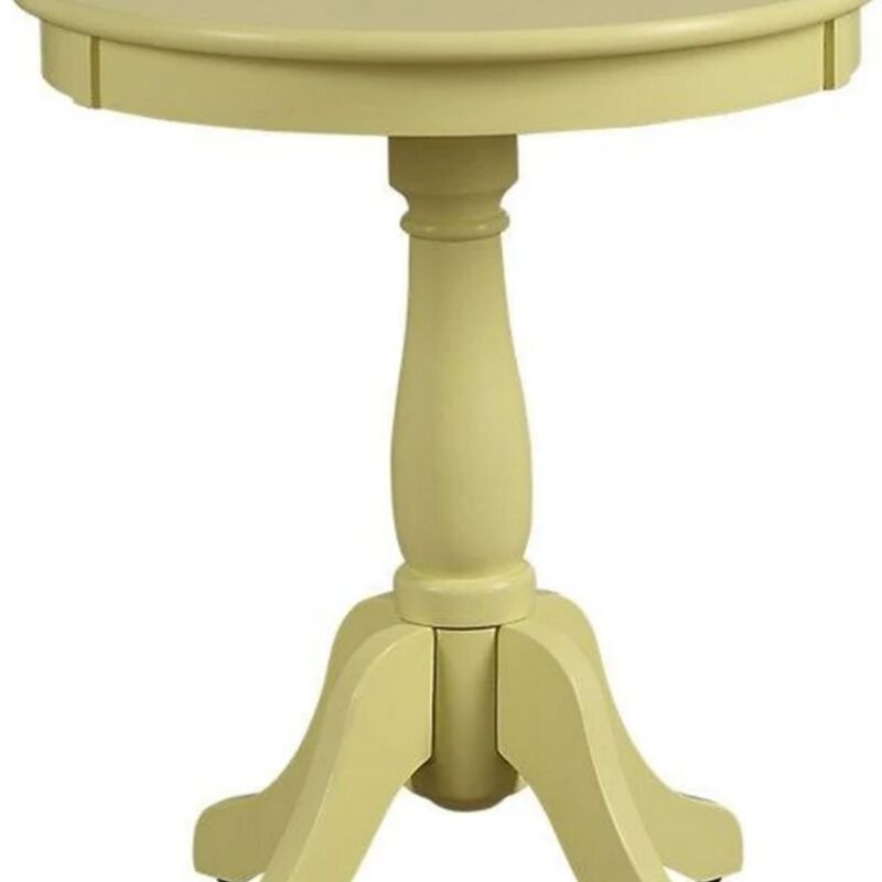Traditional Style Wooden Round Side Table with Turned Pedestal Base, Yellow-Benzara