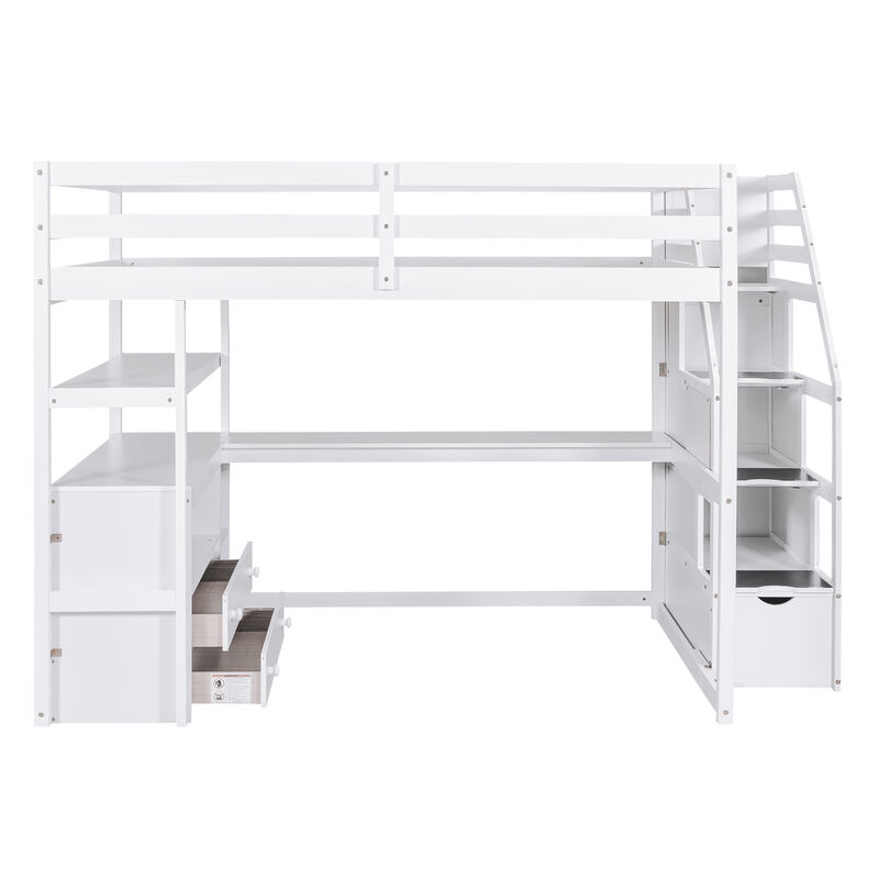 Whisen Full Size Wood Loft Bed with Desk, Shelves, Two Built-in Drawers and Storage Staircase - White