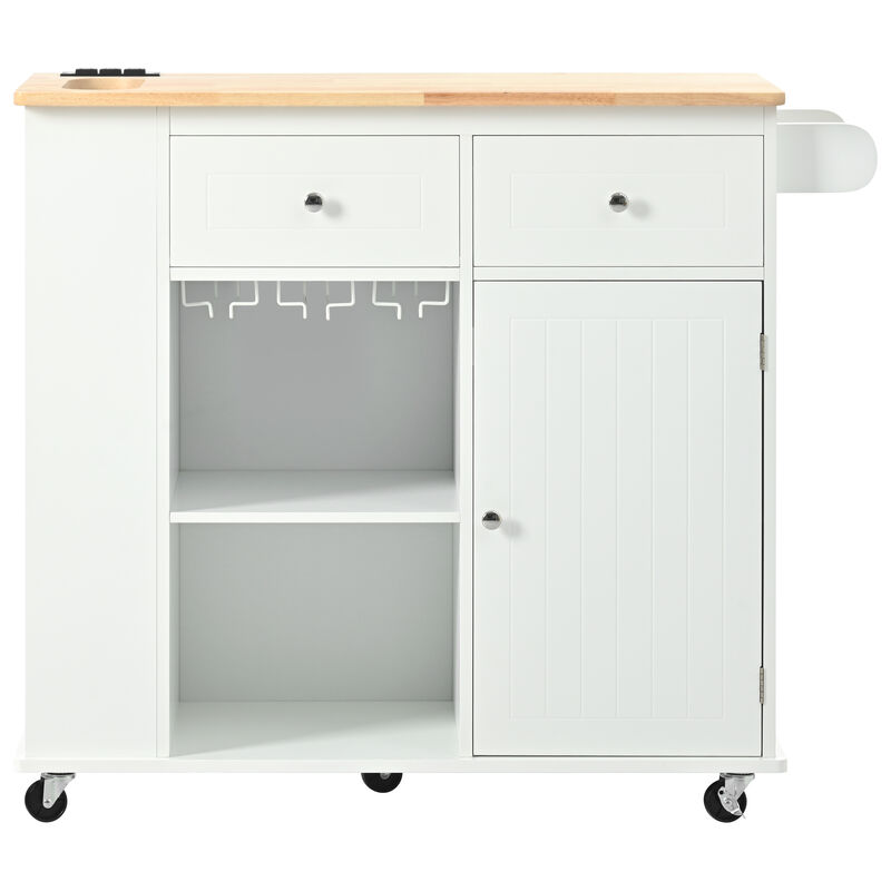 Merax Kitchen Island with Power Outlet,Kitchen Storage Island with Drop Leaf and Rubber Wood