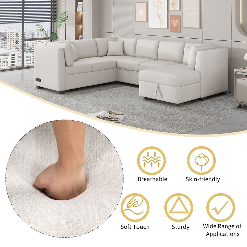 Merax U-shaped Sectional Sofa Pull Out Sofa Bed with 2 USB Ports image number 2