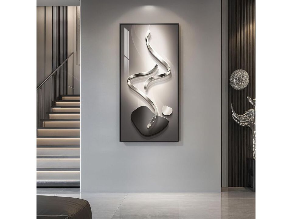 Large Framed Modern Abstract Vertical Wall Art Black Grey 30x60 In