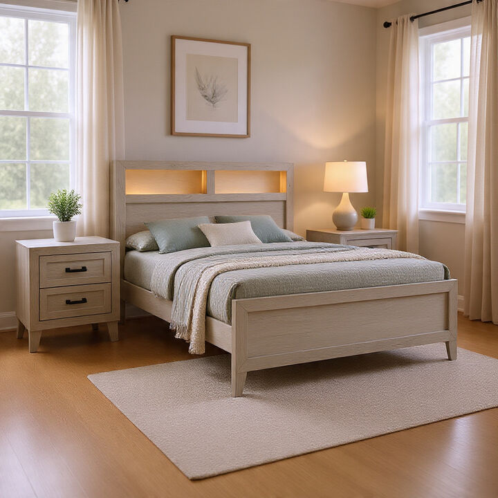 Queen Bedroom Set, White Wash, Black Wood, 2 Piece Set with Nightstand