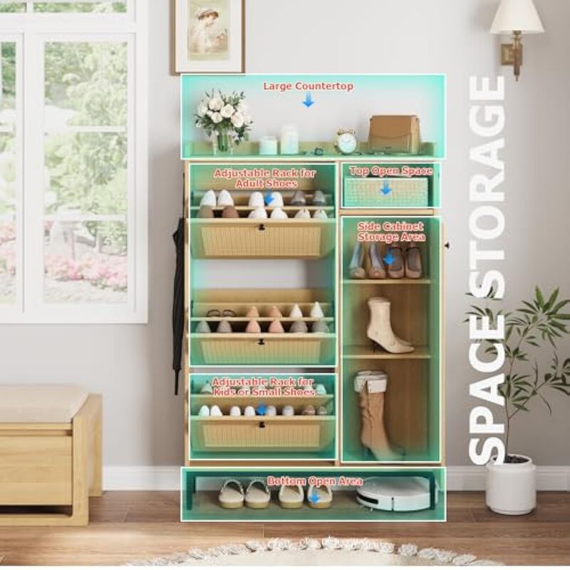 Entryway Wood Shoe Storage Cabinet 4 Tier Flip Drawer Adjustable Closet Oak image number 3