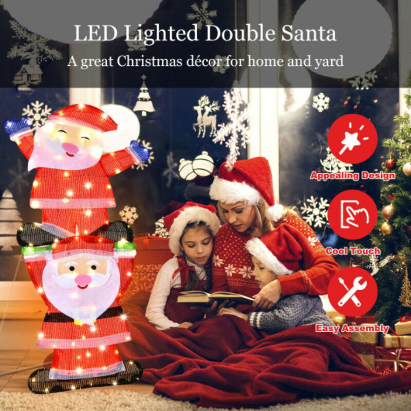LED Double Santa Yard Sign with String Lights and 4 Stakes