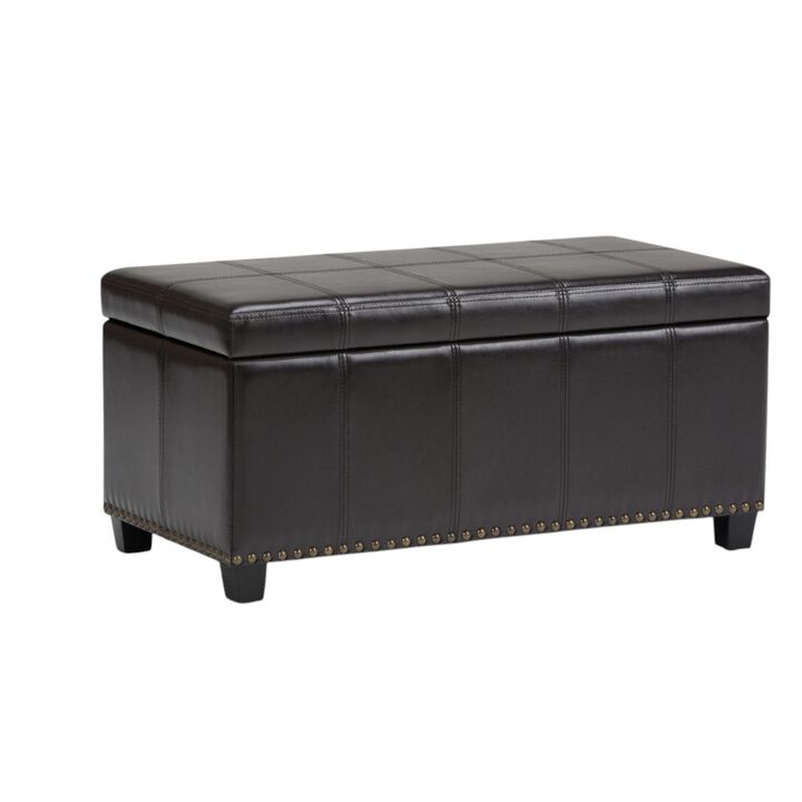 HomeRoots 33" Brown and Espresso Faux Leather and Solid Wood Upholstered Storage Bench With Flip Top