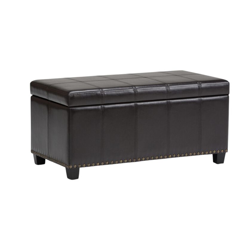 HomeRoots 33" Brown and Espresso Faux Leather and Solid Wood Upholstered Storage Bench With Flip Top image number 0