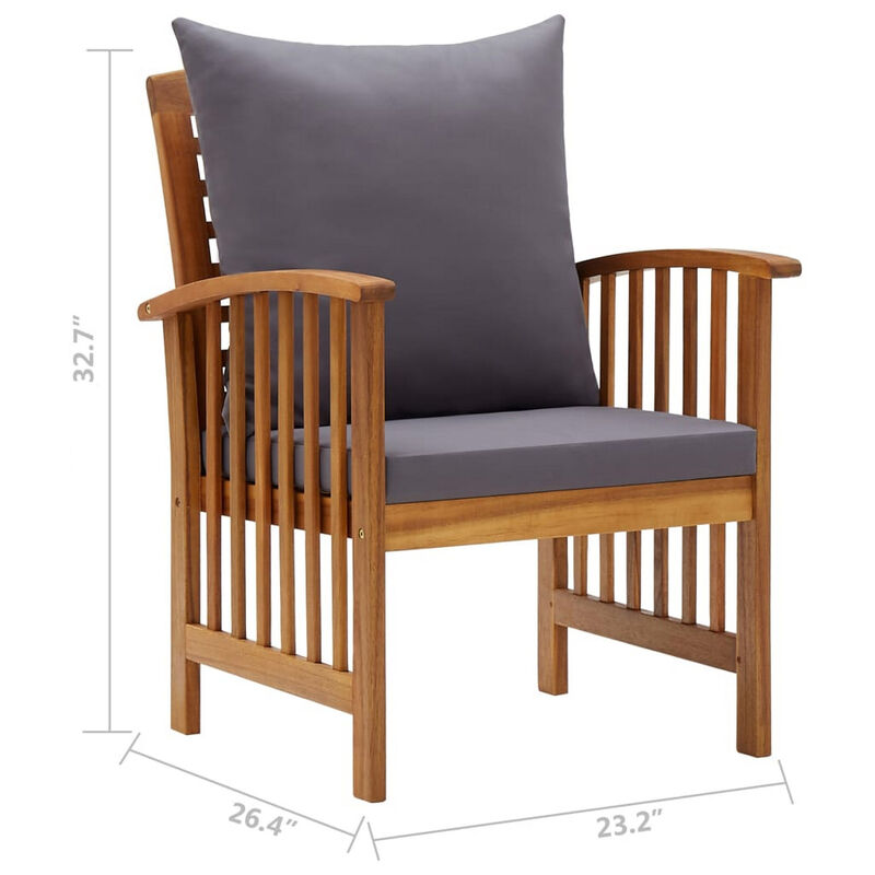Mia Outdoor Patio Chair Set of 2, Gray Cushions, Slatted Acacia Wood - Benzara