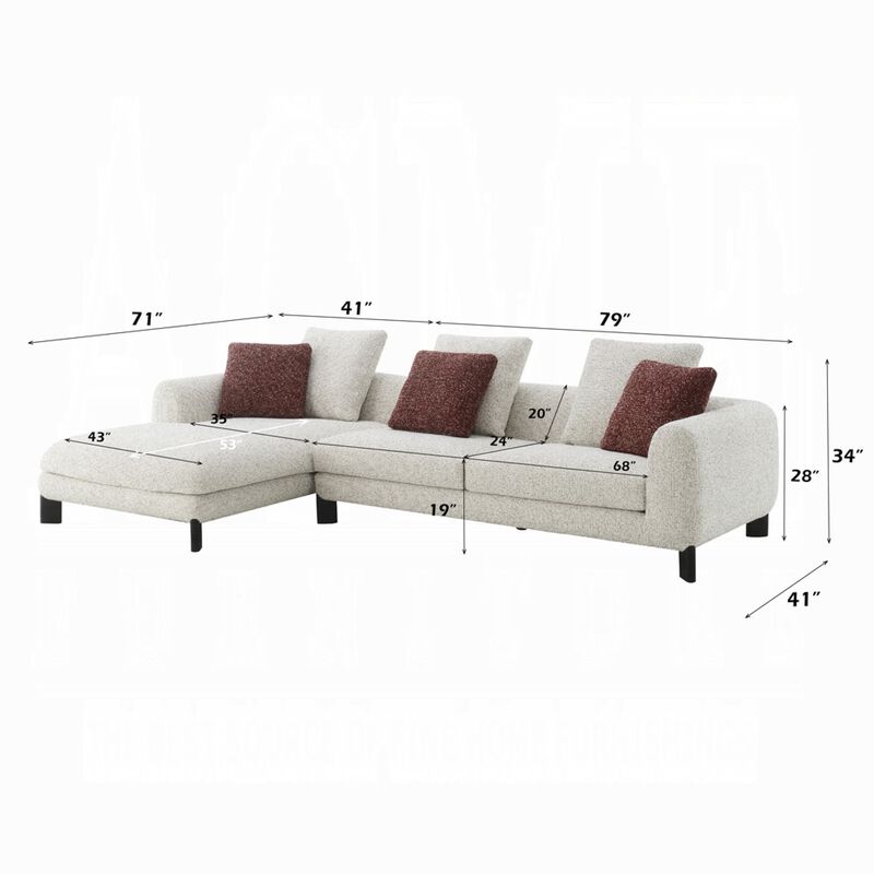 Meru Sectional Sofa, 3 Pillows, Maroon Beige Tweed Boucle, 120 Inch