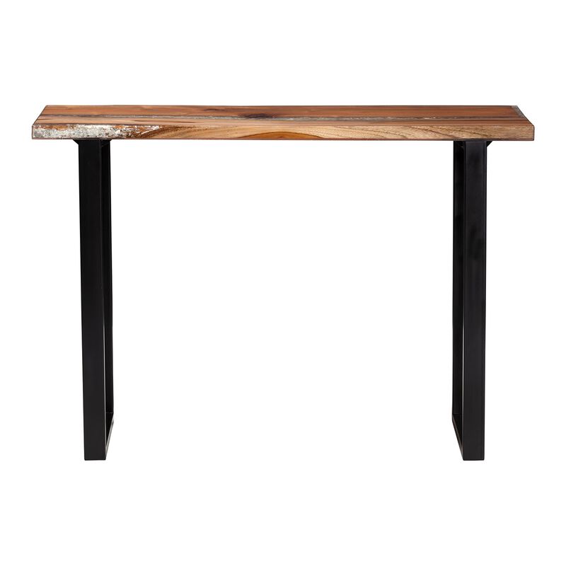 bali & pari Apio Wood Epoxy Resin Console Table with Glass Inlay - Rectangular Live Edge Teak Wood Accent Table with Black Metal Base, Modern Rustic Furniture for Living Room or Entryway image number 2