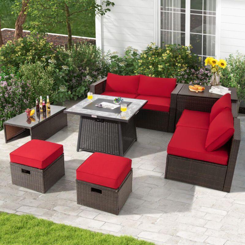 Hivvago 9 Pieces Patio PE Wicker Sectional Set with 50000 BTU Fire Pit Table