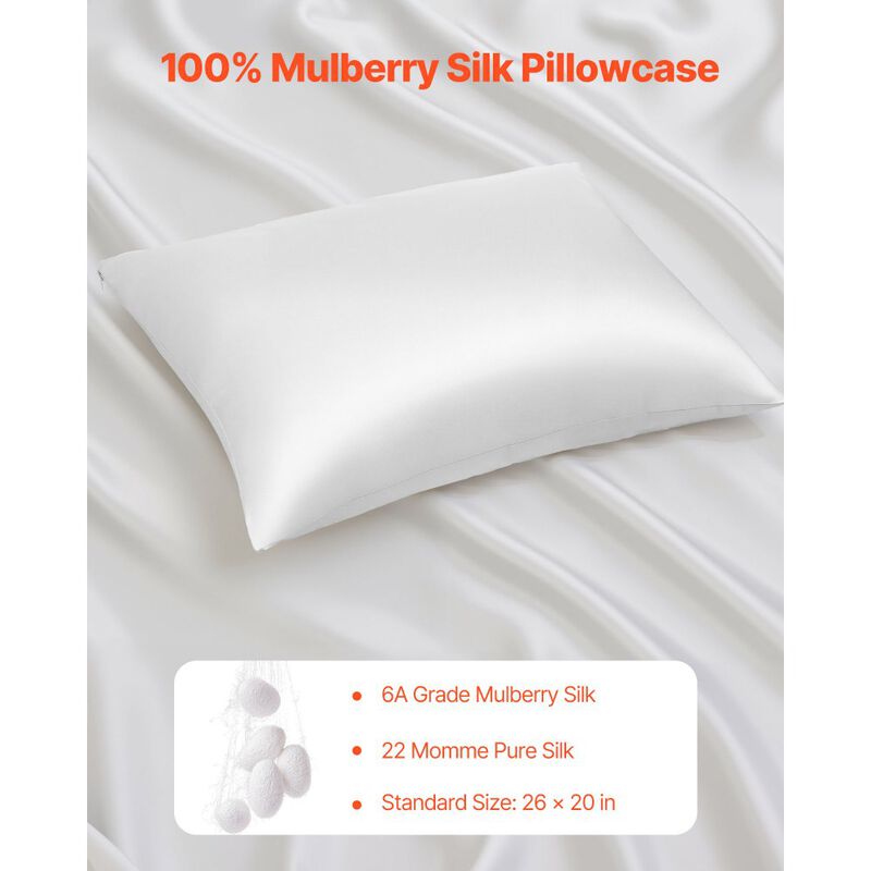 Pure Mulberry Silk Pillowcase with Hidden Zipper, Smooth Pillow Cover for Hair and Skin-White image number 6