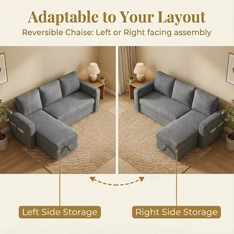 81" Sleeper Sofa Bed, 2 in 1 Pull Out Couch, Sectional Sofa with Reversible Storage, Side Pockets image number 5