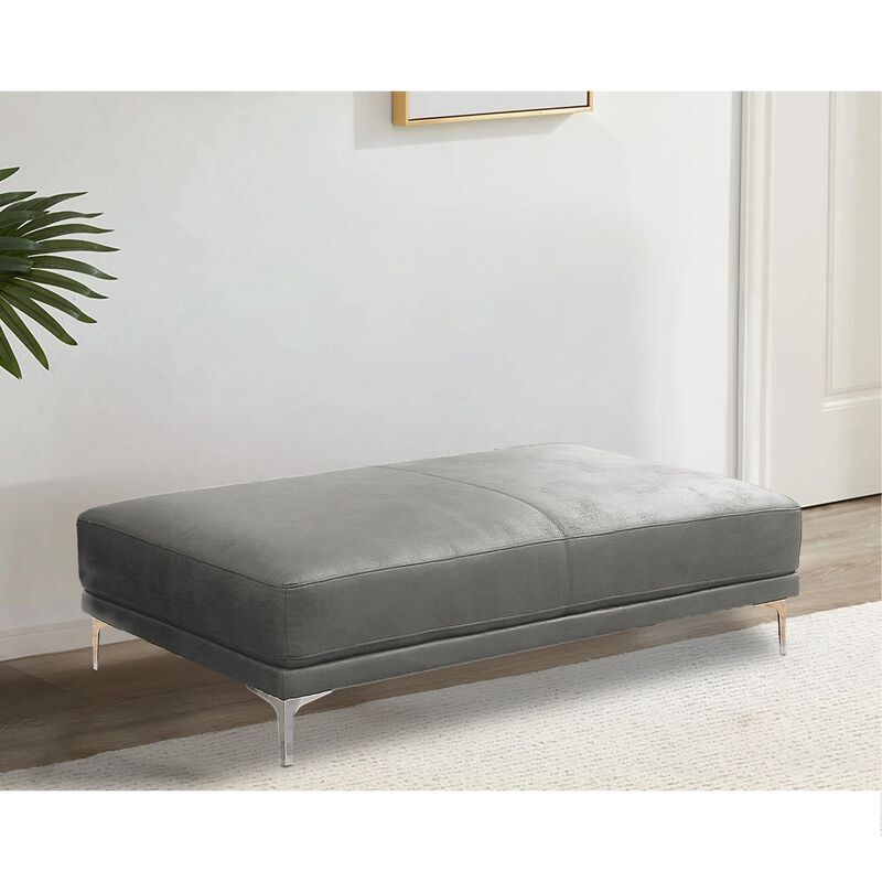 Leatherette Ottoman with Sleek Metal Feet, Gray - Benzara