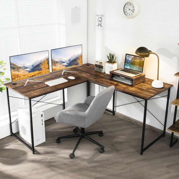 L-Shaped 2-Person Desk with Monitor Riser –  Reversible Computer Workstation