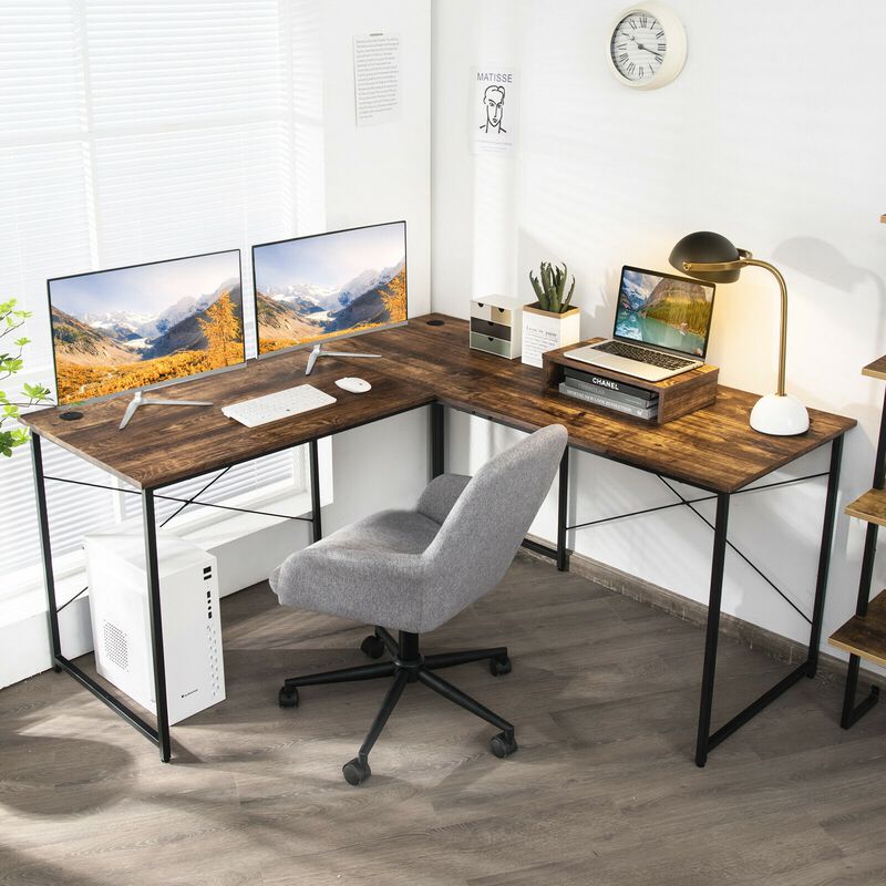L-Shaped 2-Person Desk with Monitor Riser –  Reversible Computer Workstation