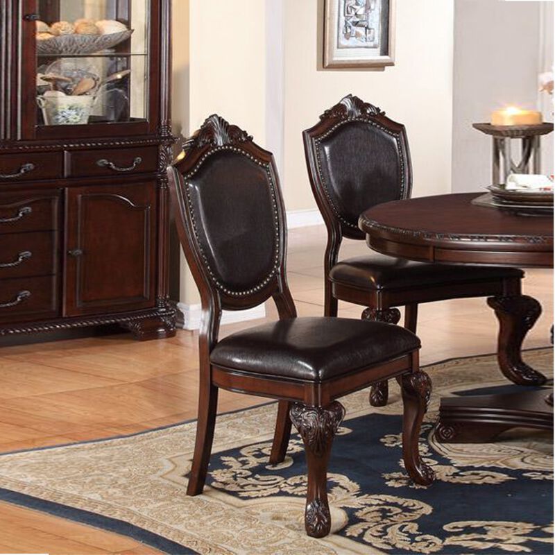 Traditional Rubber Wood Dining Chair With Faux Leather Upholstery , Set Of 2,Brown