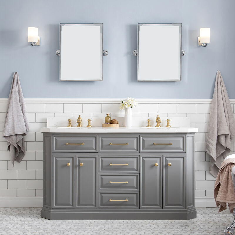 Palace 60 In. Double Sink Carrara Quartz Countertop Bath Vanity in Cashmere Grey with Satin Gold Hardware