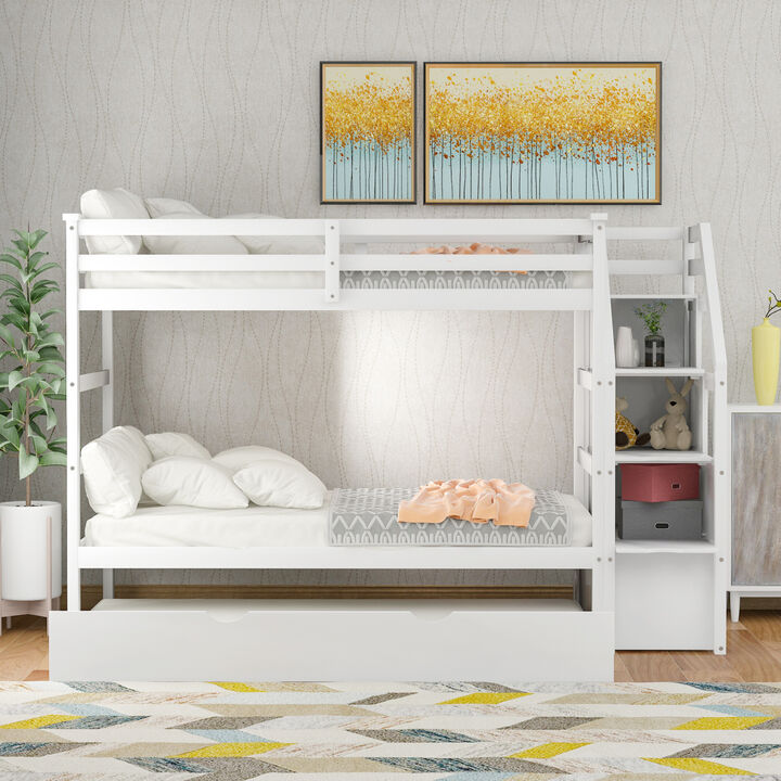 Twin-Over-Twin Bunk Bed with Twin Size Trundle and 3 Storage Stairs, White