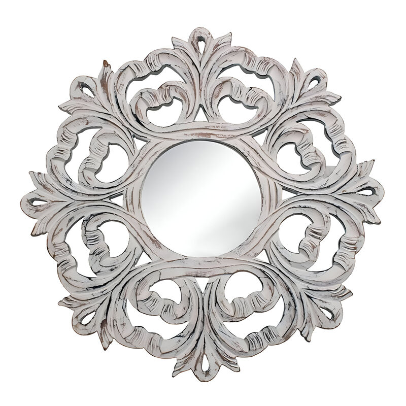 HomeRoots 24" White Floral Scrollwork Distressed Round Framed Accent Mirror image number 0