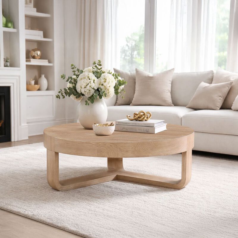 Milan Coffee Table, 32 Inch Round Top, Mango Wood with Sandblasted Natural Brown, Open Sled Base image number 1
