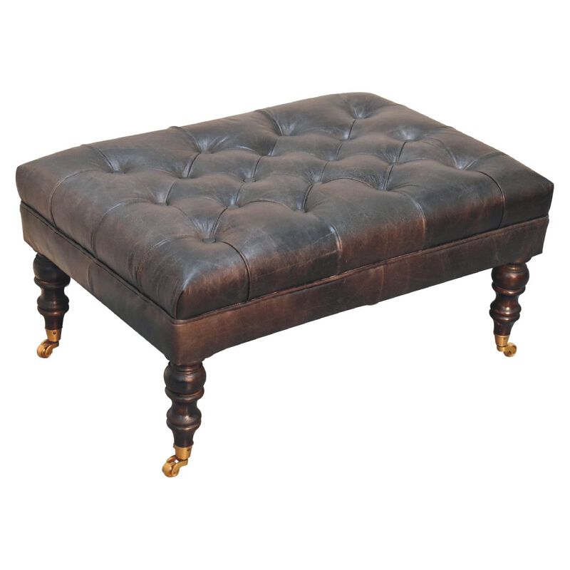 Artisan Furniture Solid Wood Buffalo Ash Black Leather Ottoman with Castor Legs