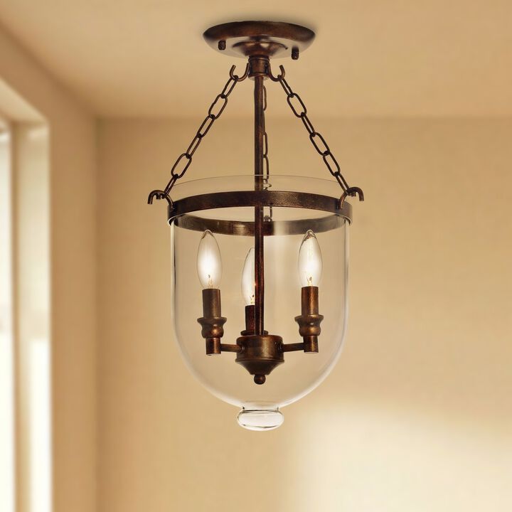 Perla 3-light Antique Copper Glass Lantern Flush Mount Chandelier