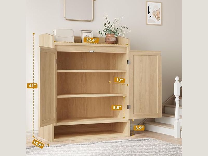 Entryway Wood Shoe Storage Cabinet Adjustable Shelves Natural Oak image number 2