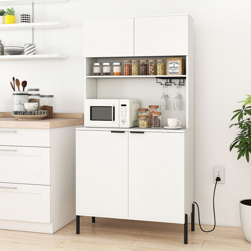Tall Kitchen Storage Cabinet 64.5 Inches with Power Outlet and Wine Glass Rack image number 1