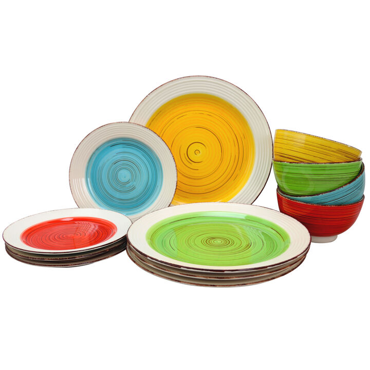 Gibson Home Confetti Band 12 Piece Mix and Match Round Ceramic Dinnerware Set in Assorted Colors