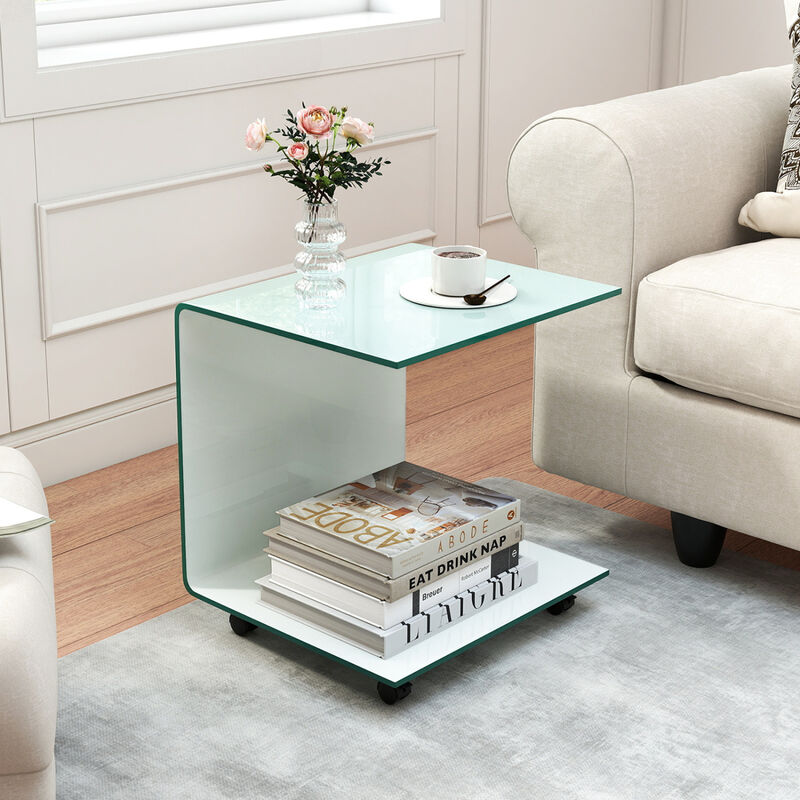 Modern C Shaped End Table with Tempered Glass Top and Storage Shelf image number 1