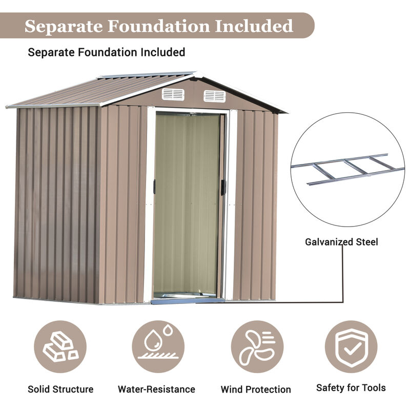Patio 6ft x4ft Bike Shed Garden Shed, Metal Storage Shed with Adjustable Shelf and Lockable Door, Tool Cabinet with Vents and Foundation for Backyard, Lawn, Garden, Brown