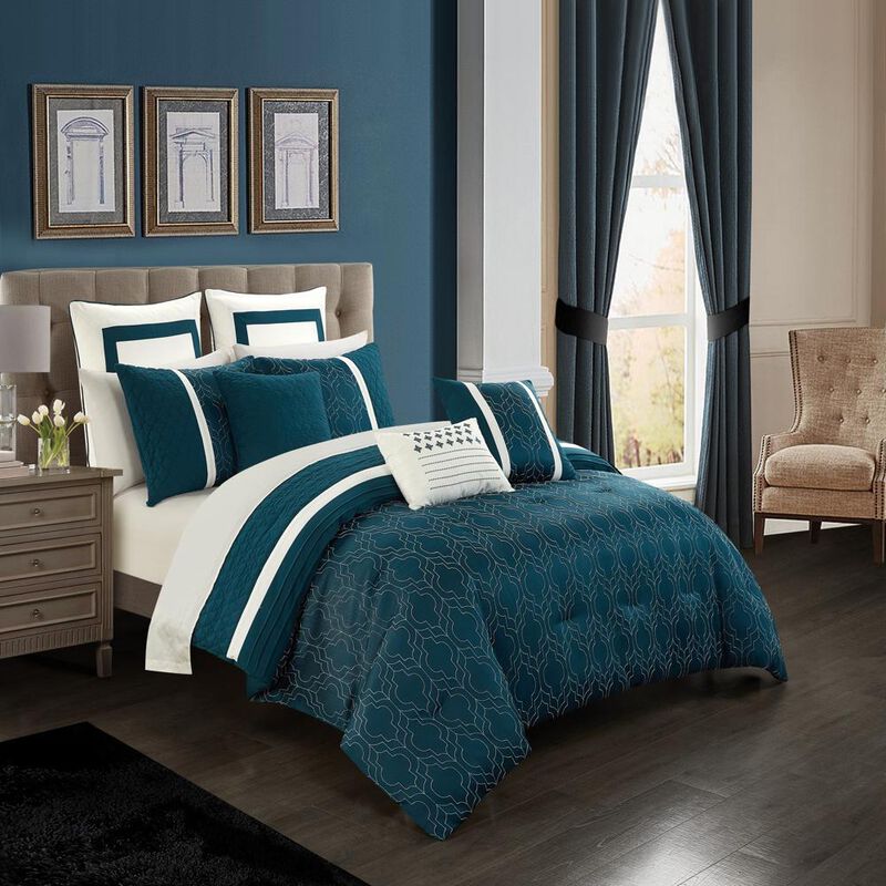 Chic Home Arlow Comforter Set Jacquard Geometric Quilted Pattern Design Bedding Teal Blue, Queen