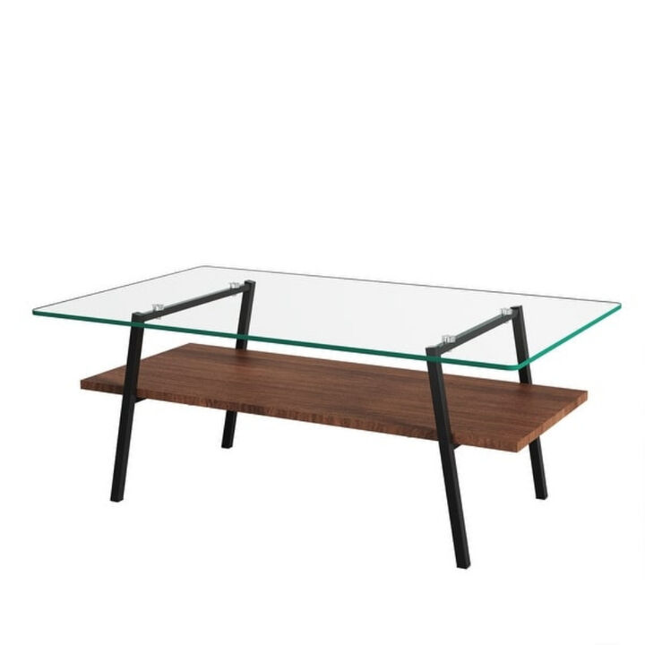 Rectangular Coffee Table with Tempered Glass Top and Metal Legs for Living Room