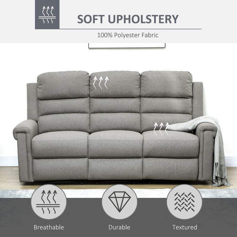 Modern 3 Seater Manual Reclining Sofa Lounger with Easy Pull Handles, and Adjustable Footrest, Grey